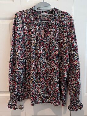 Floral Print Long-Sleeve Blouse - Black - Large